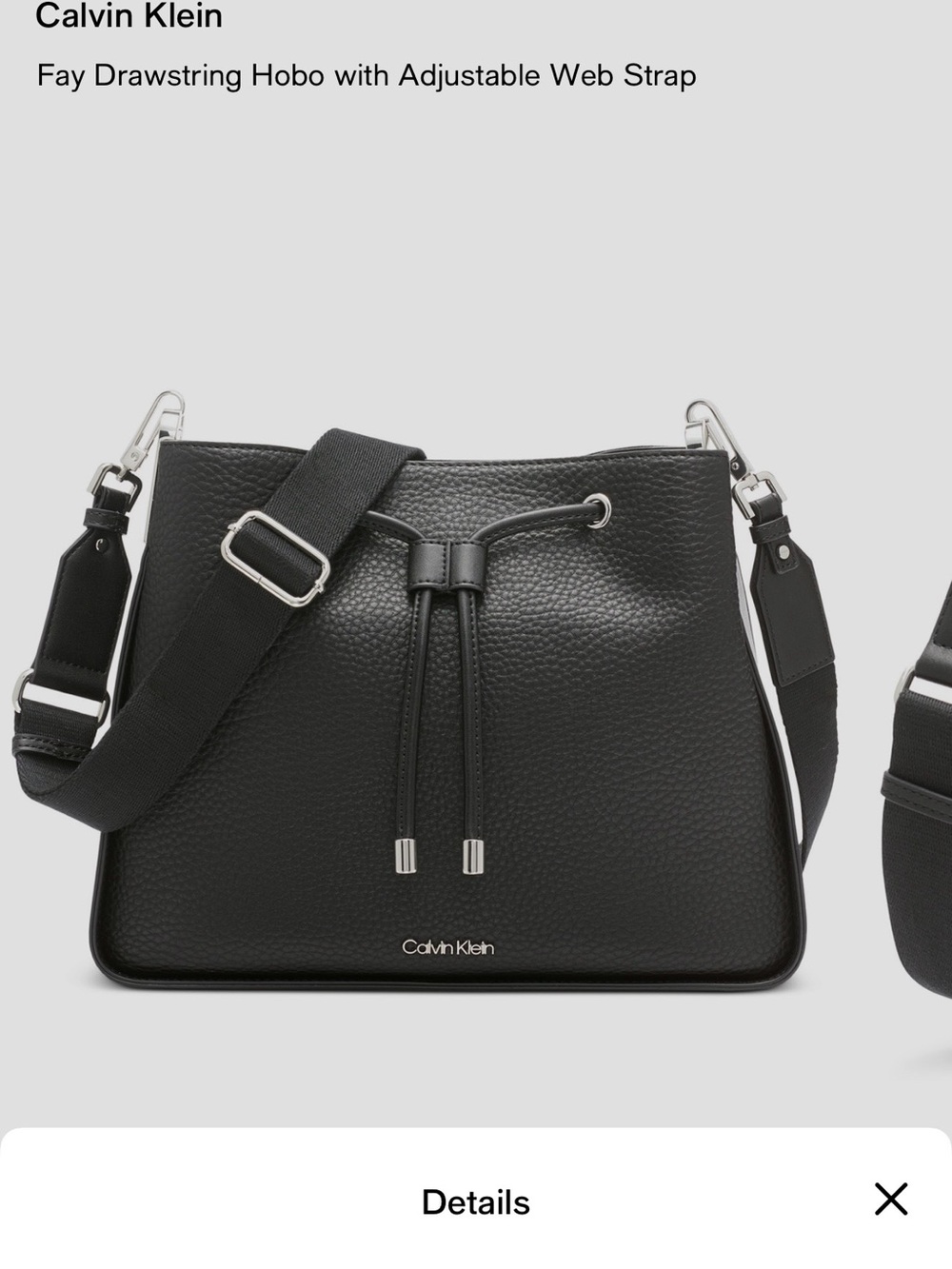 Calvin Klein Black Pebbled Drawstring Hobo with Adjustable Web Strap